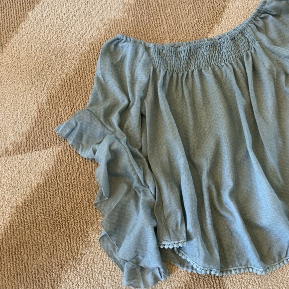 New Off the Shoulder Blue Ruffle Hem Top - Picture 3 of 7